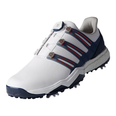 red white and blue adidas golf shoes