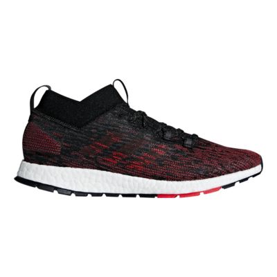 red and black running shoes