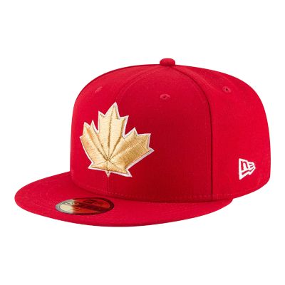 black blue jays hat with red maple leaf