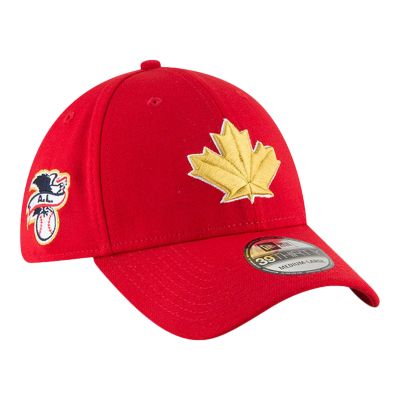 black blue jays hat with red maple leaf