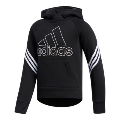 white hoodie with black stripes on sleeves