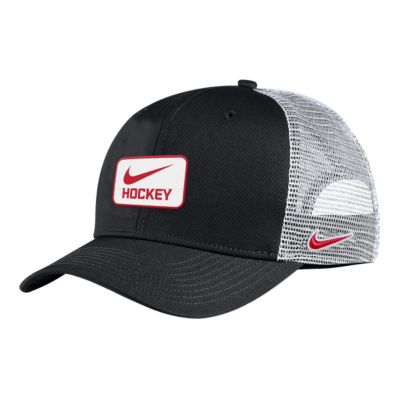 black nike hat with red swoosh